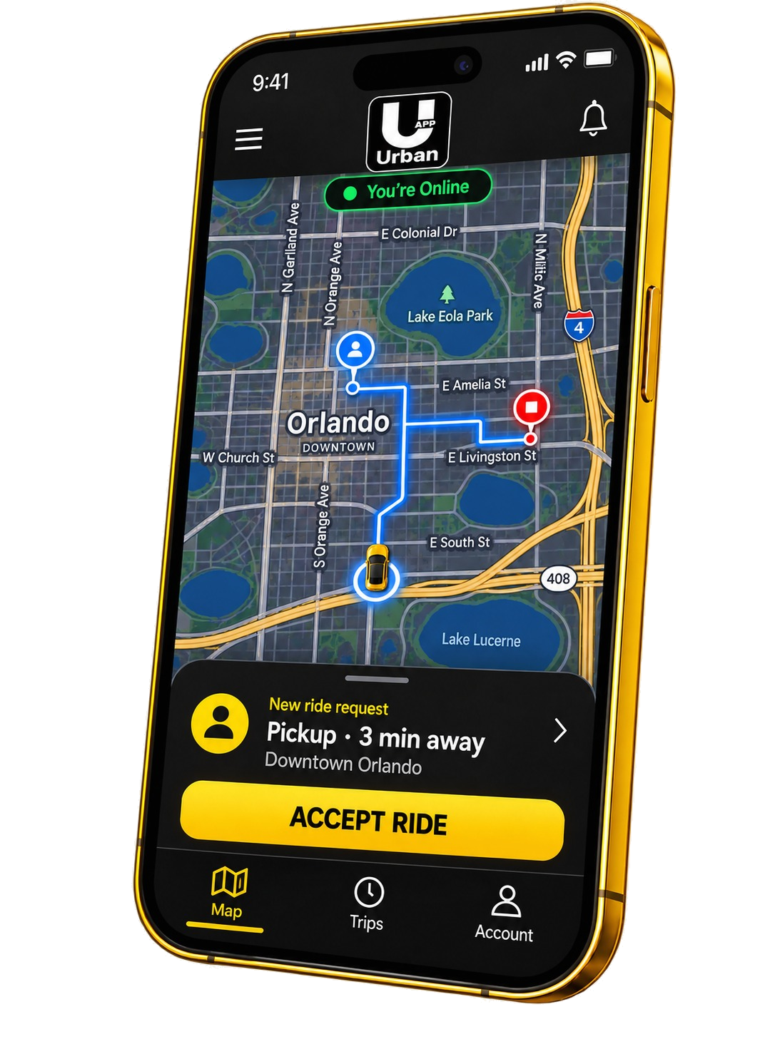 Urban driver app showing an Orlando ride request