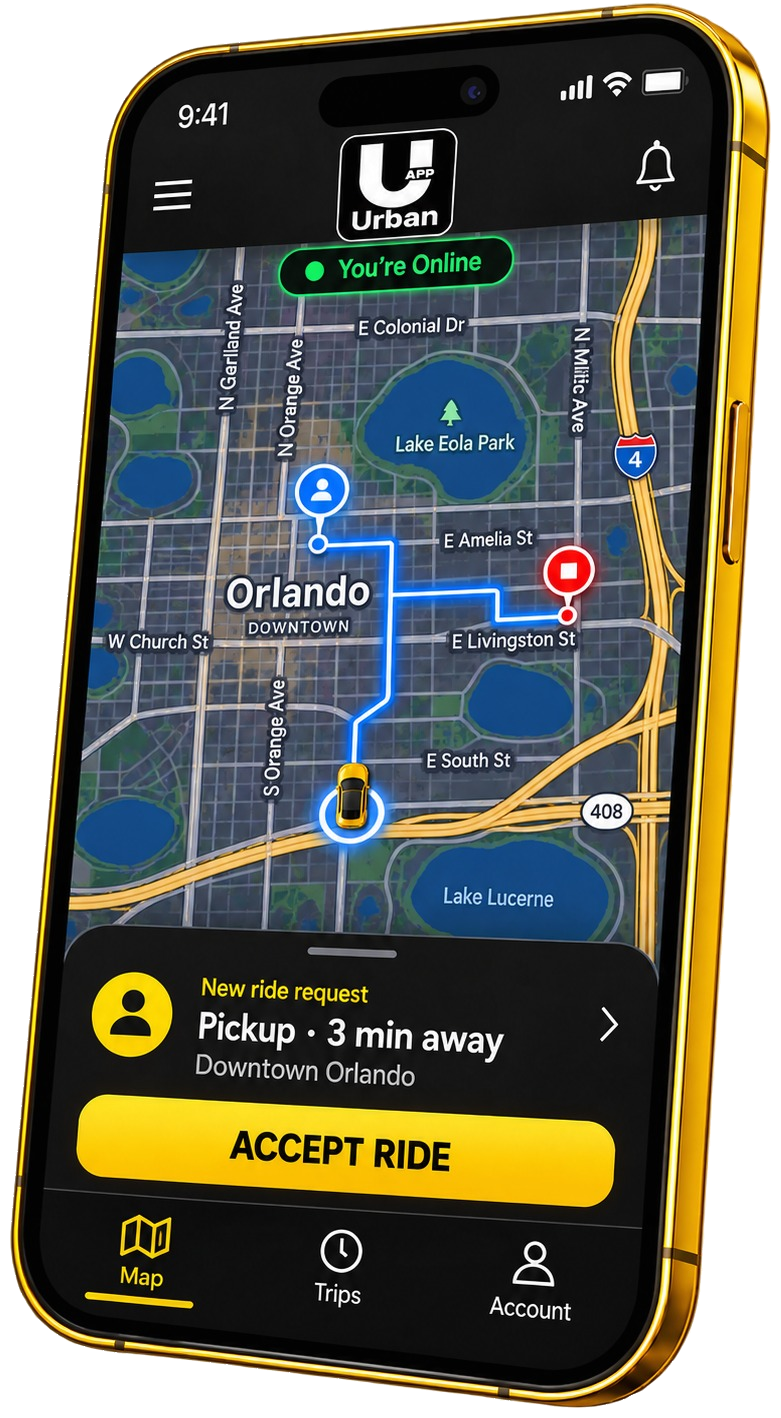 Urban USA app showing an Orlando ride request